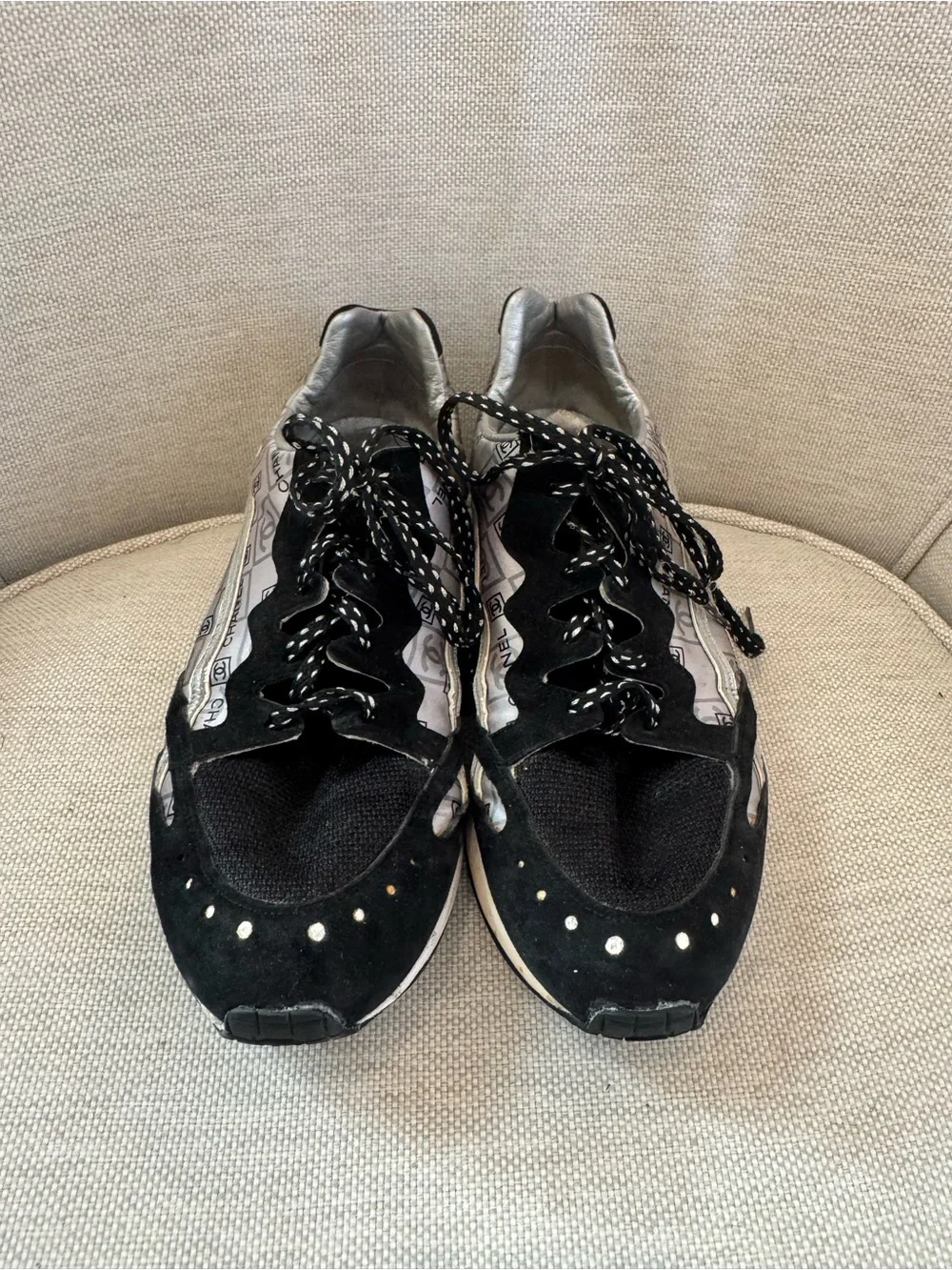 CHANEL Black & Silver Logo-Print Sneakers. Sz 39/9. Comes with dustbag